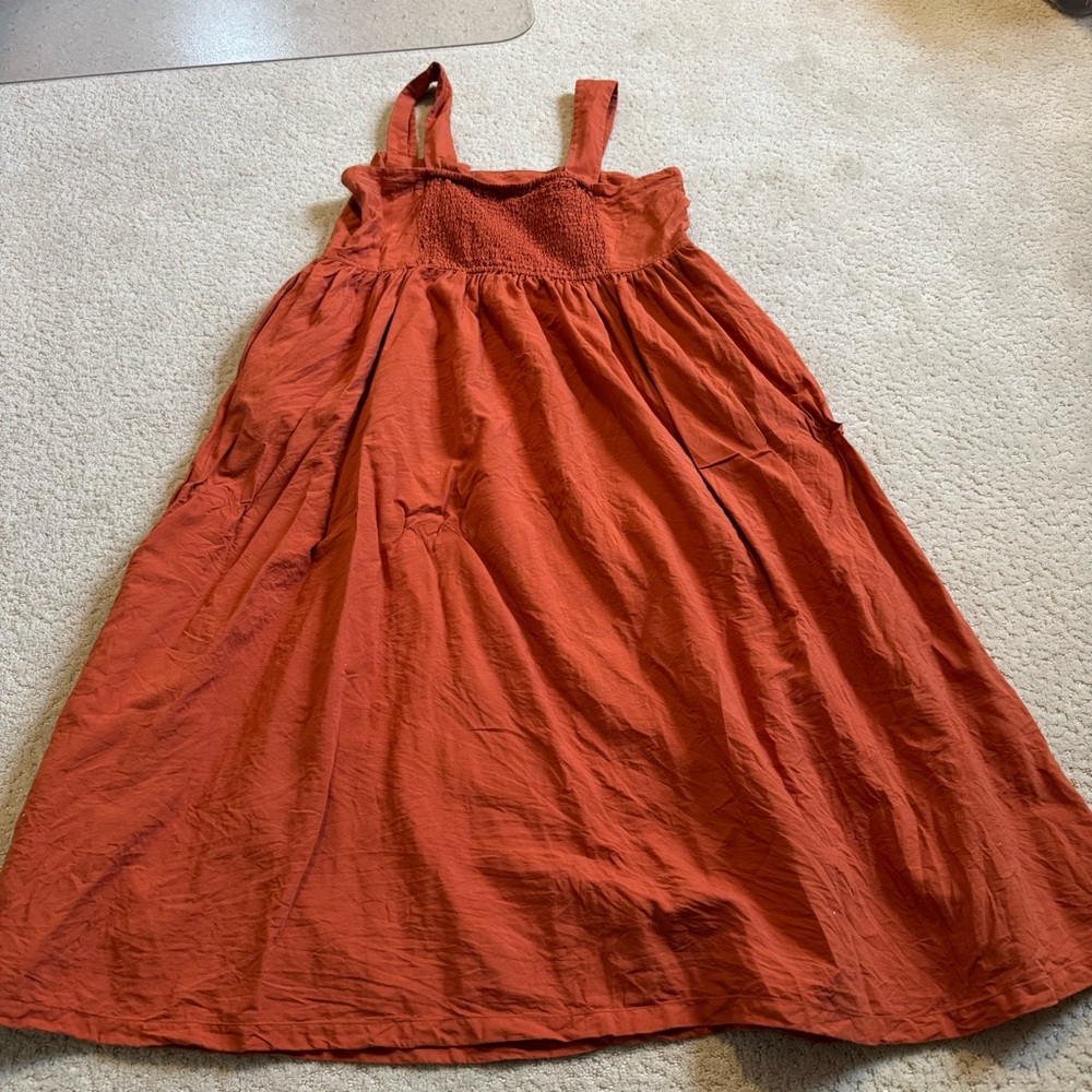 Uniqlo Women's Sleeveless Dress in Rust Orange Rayon Linen Pockets - Picture 8 of 9